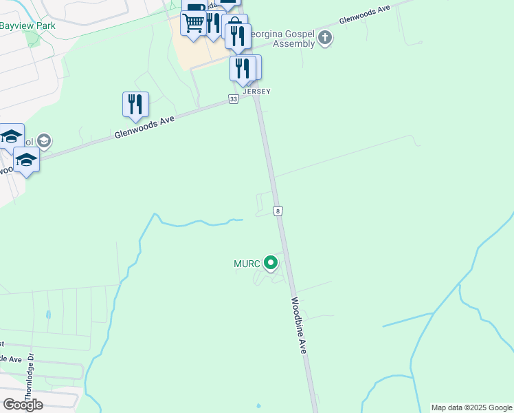 map of restaurants, bars, coffee shops, grocery stores, and more near 23448 Woodbine Avenue in Georgina