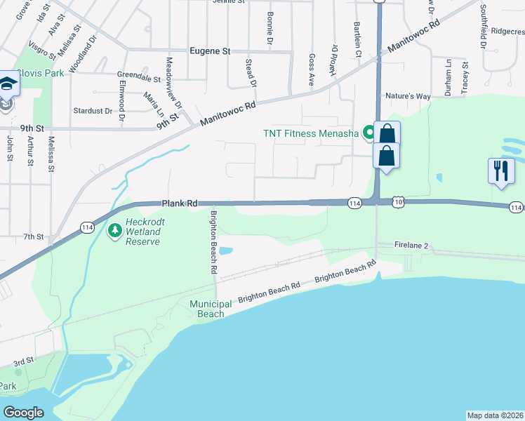 map of restaurants, bars, coffee shops, grocery stores, and more near 1617 Plank Road in Menasha
