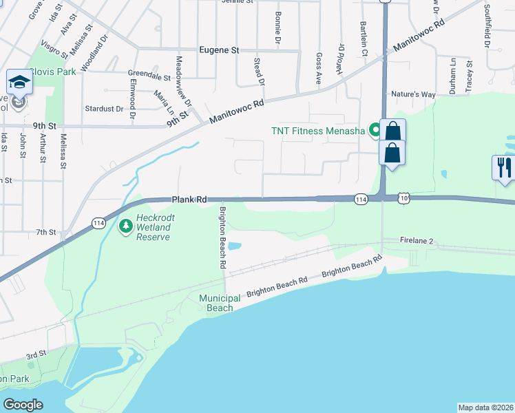 map of restaurants, bars, coffee shops, grocery stores, and more near 1617 Plank Road in Menasha