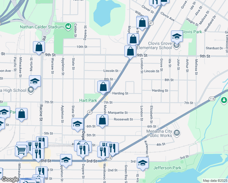 map of restaurants, bars, coffee shops, grocery stores, and more near 824 7th Street in Menasha