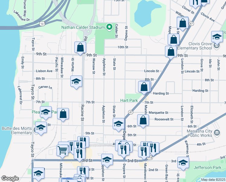map of restaurants, bars, coffee shops, grocery stores, and more near 748 State Street in Menasha