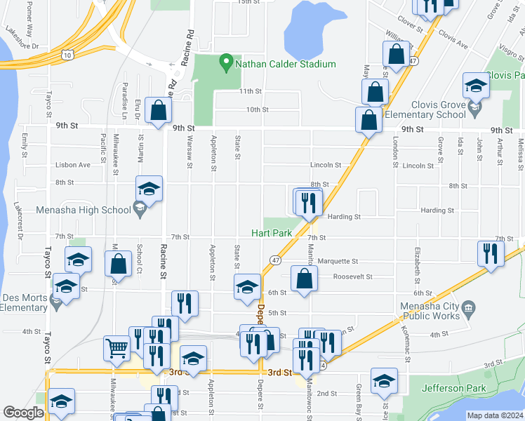 map of restaurants, bars, coffee shops, grocery stores, and more near 700 Depere Street in Menasha