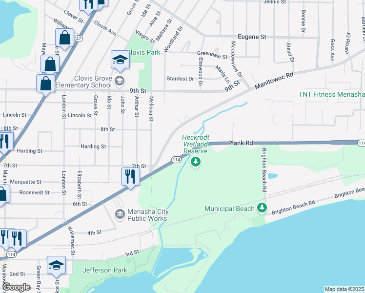 map of restaurants, bars, coffee shops, grocery stores, and more near 1107 Manitowoc Road in Menasha
