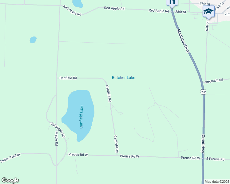 map of restaurants, bars, coffee shops, grocery stores, and more near 864 Canfield Road in Manistee