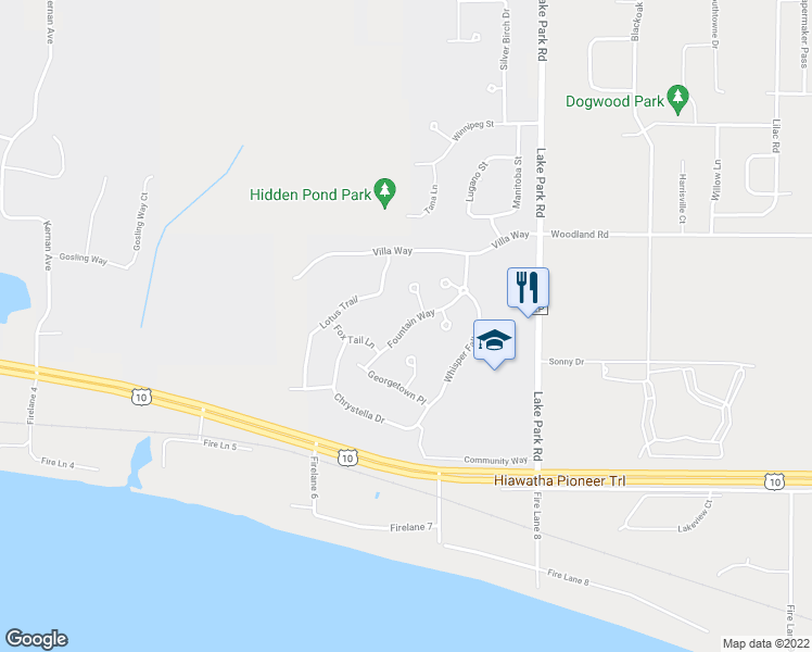 map of restaurants, bars, coffee shops, grocery stores, and more near Fountain Way in Menasha