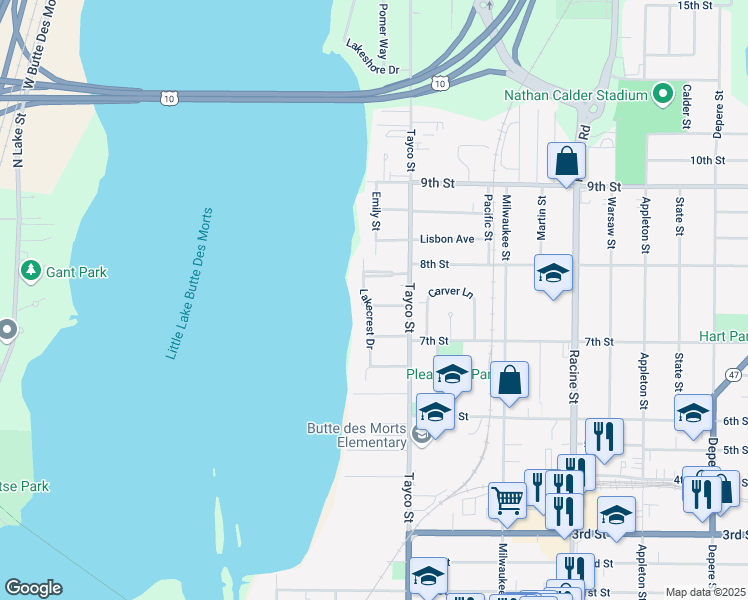 map of restaurants, bars, coffee shops, grocery stores, and more near 222 Butte Des Morts Drive in Menasha