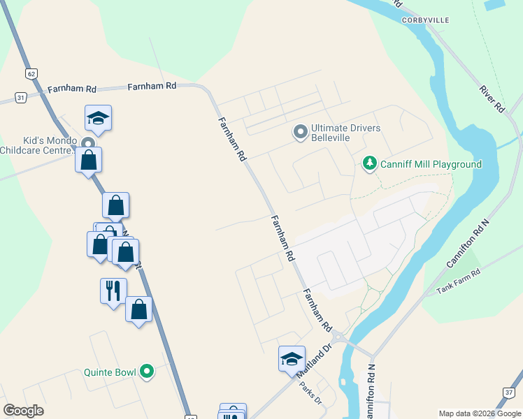 map of restaurants, bars, coffee shops, grocery stores, and more near 286 Farnham Road in Belleville