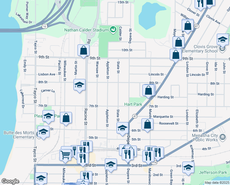 map of restaurants, bars, coffee shops, grocery stores, and more near 748 State Street in Menasha