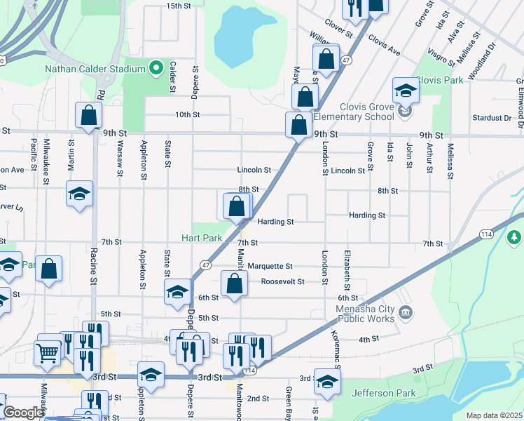 map of restaurants, bars, coffee shops, grocery stores, and more near 741 Appleton Road in Menasha