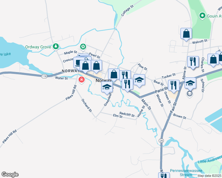 map of restaurants, bars, coffee shops, grocery stores, and more near 258 Main Street in Norway