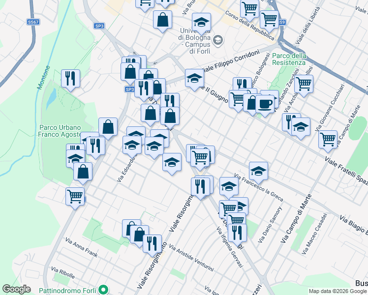 map of restaurants, bars, coffee shops, grocery stores, and more near 67 Via Decio Raggi in Forlì