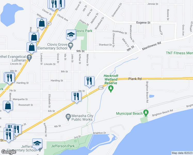 map of restaurants, bars, coffee shops, grocery stores, and more near 1107 Manitowoc Road in Menasha