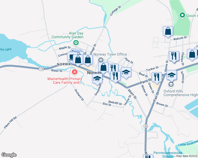 map of restaurants, bars, coffee shops, grocery stores, and more near 258 Main Street in Norway