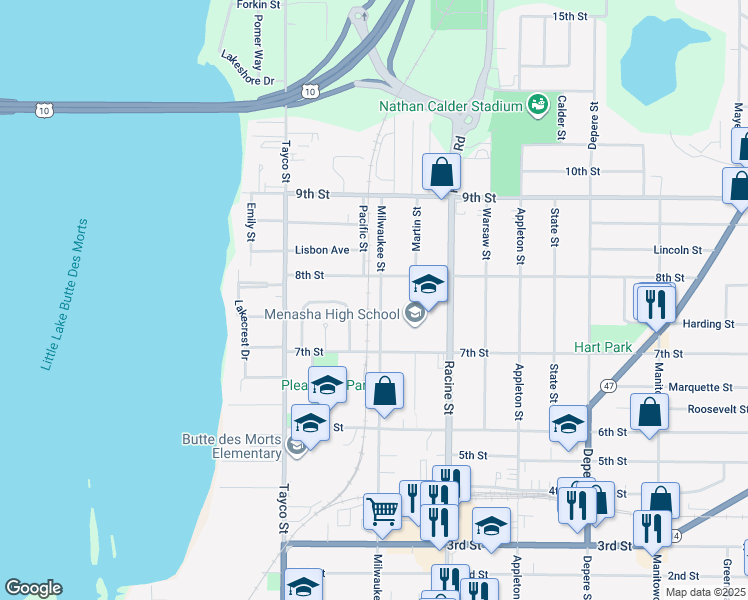 map of restaurants, bars, coffee shops, grocery stores, and more near 734 Milwaukee Street in Menasha