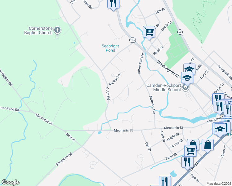 map of restaurants, bars, coffee shops, grocery stores, and more near 55 Cobb Road in Camden