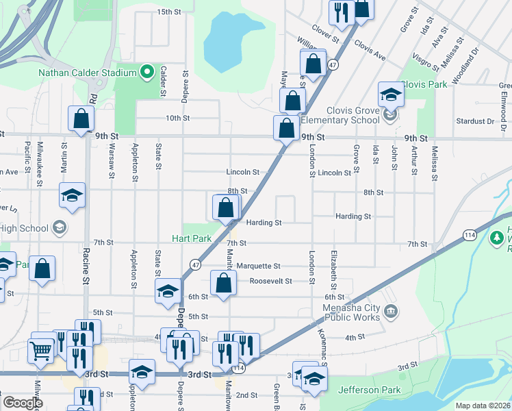 map of restaurants, bars, coffee shops, grocery stores, and more near 753 Appleton Road in Menasha