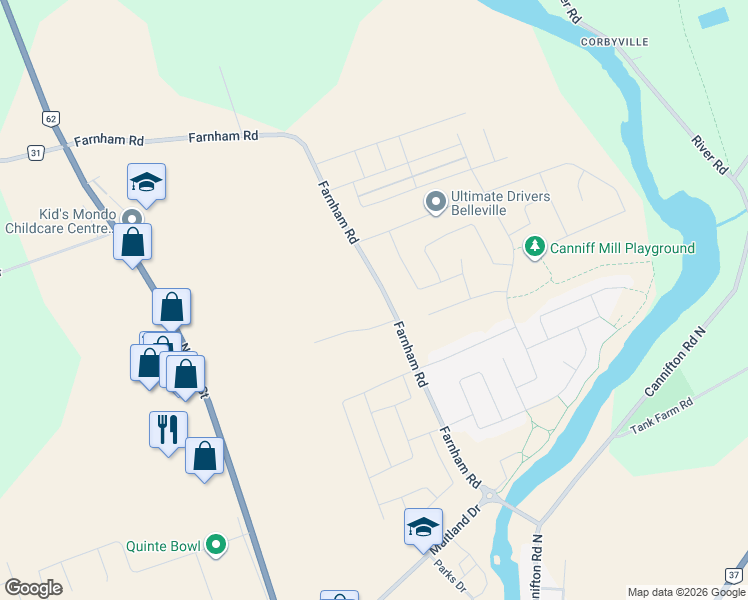 map of restaurants, bars, coffee shops, grocery stores, and more near 286 Farnham Road in Belleville