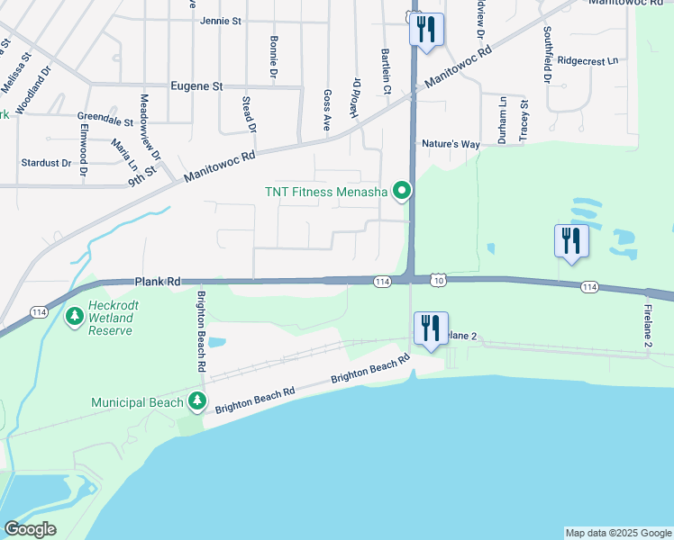 map of restaurants, bars, coffee shops, grocery stores, and more near 1706 Plank Road in Menasha