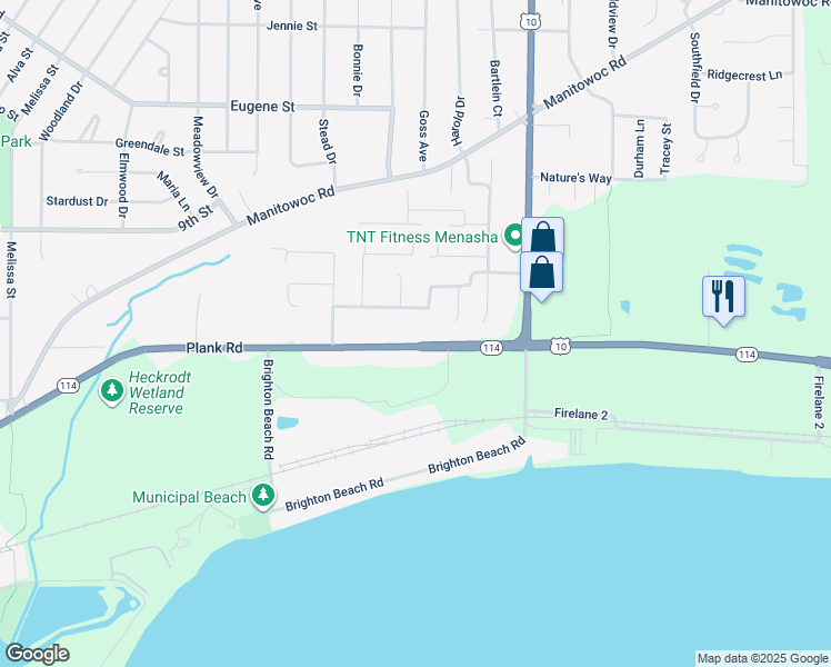 map of restaurants, bars, coffee shops, grocery stores, and more near 1706 Plank Rd in Menasha