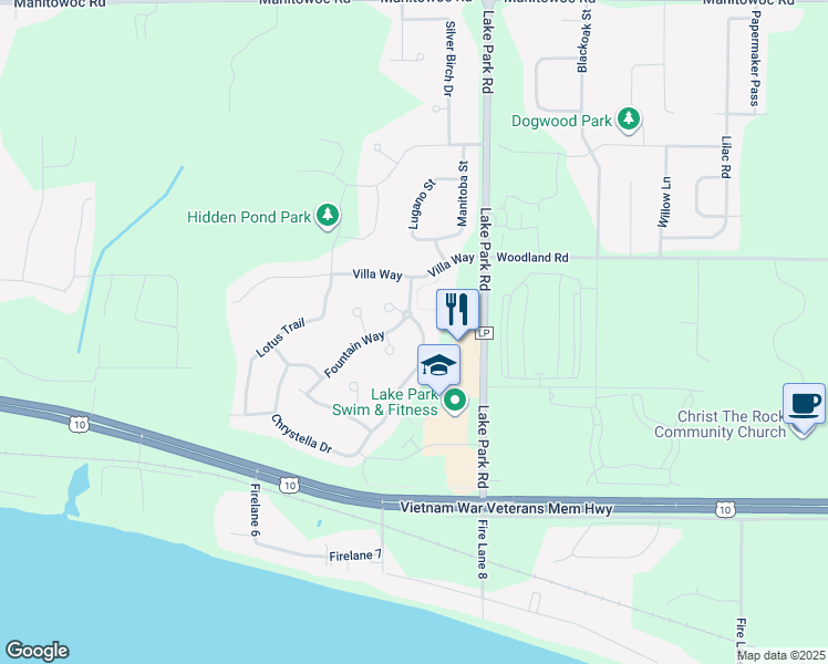 map of restaurants, bars, coffee shops, grocery stores, and more near 881 Fountain Way in Menasha