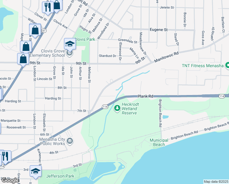 map of restaurants, bars, coffee shops, grocery stores, and more near 1332 Traders Road in Menasha