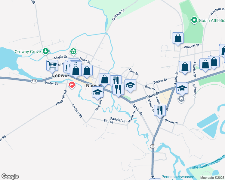 map of restaurants, bars, coffee shops, grocery stores, and more near 243 Main Street in Norway