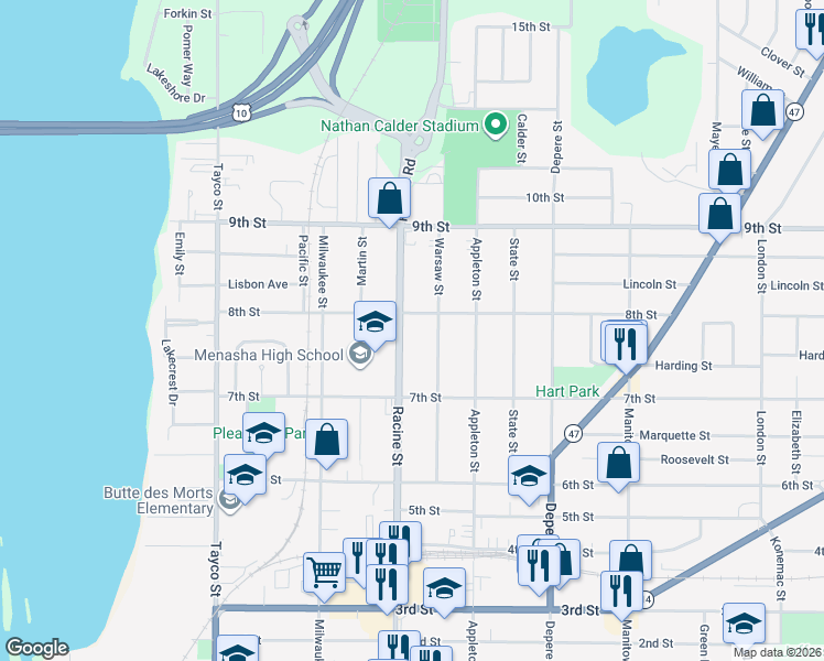 map of restaurants, bars, coffee shops, grocery stores, and more near 745 Racine Street in Menasha