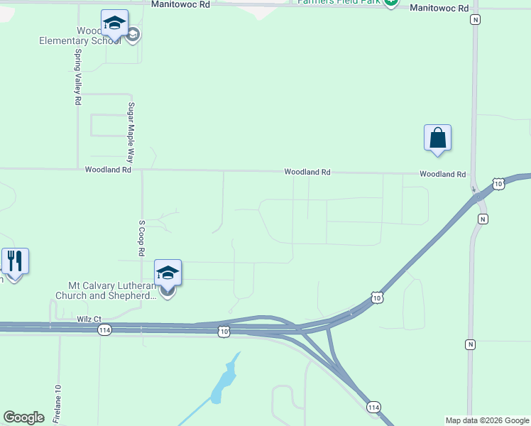 map of restaurants, bars, coffee shops, grocery stores, and more near W5961 Woodland Road in Menasha