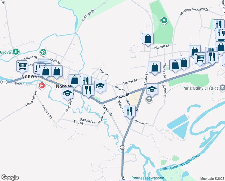 map of restaurants, bars, coffee shops, grocery stores, and more near 7 Winter Street in Norway