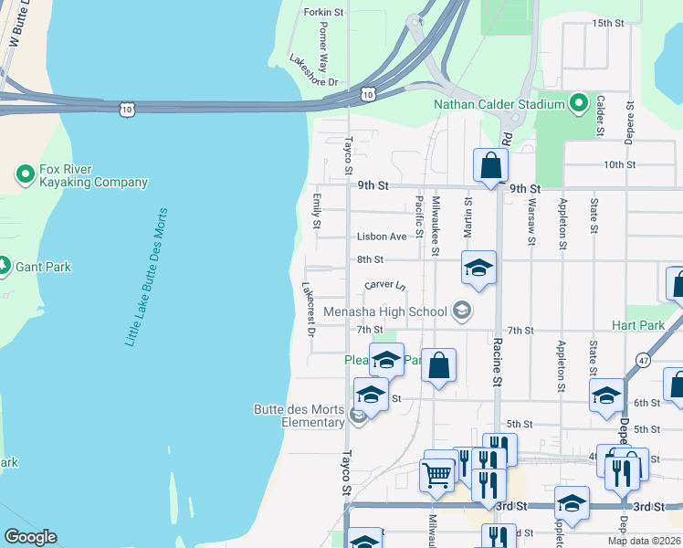 map of restaurants, bars, coffee shops, grocery stores, and more near 243 Edgewater Drive in Menasha