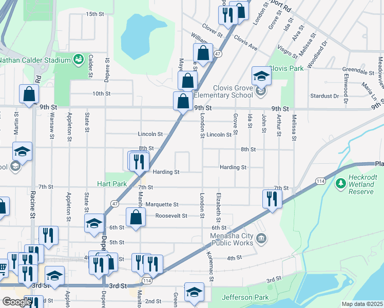map of restaurants, bars, coffee shops, grocery stores, and more near 778 Pleasant Lane in Menasha