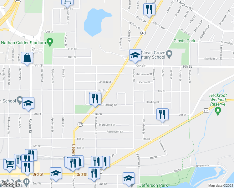 map of restaurants, bars, coffee shops, grocery stores, and more near 741 Pleasant Lane in Menasha