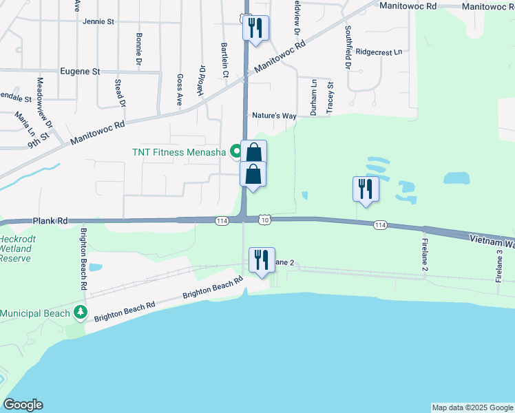 map of restaurants, bars, coffee shops, grocery stores, and more near 1870 U.S. 10 in Menasha