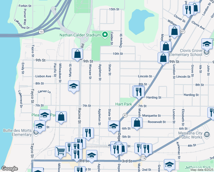 map of restaurants, bars, coffee shops, grocery stores, and more near 748 State Street in Menasha
