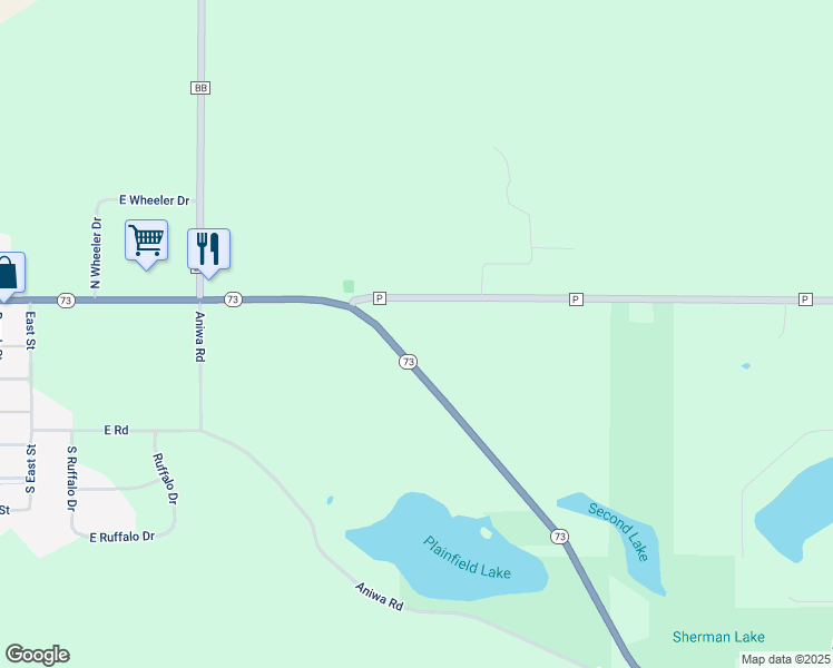 map of restaurants, bars, coffee shops, grocery stores, and more near W11865 County Road P in Plainfield