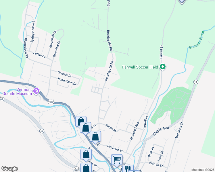 map of restaurants, bars, coffee shops, grocery stores, and more near 15 Bromur Street in Barre