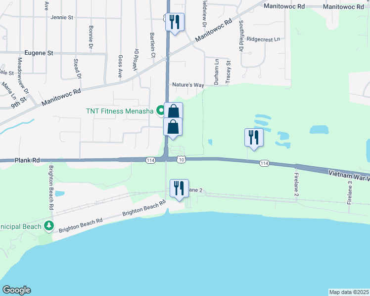 map of restaurants, bars, coffee shops, grocery stores, and more near 1870 U.S. 10 in Menasha