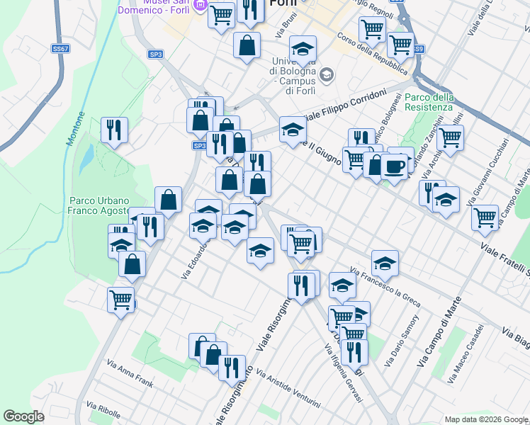 map of restaurants, bars, coffee shops, grocery stores, and more near 31-67 Via Decio Raggi in Forli