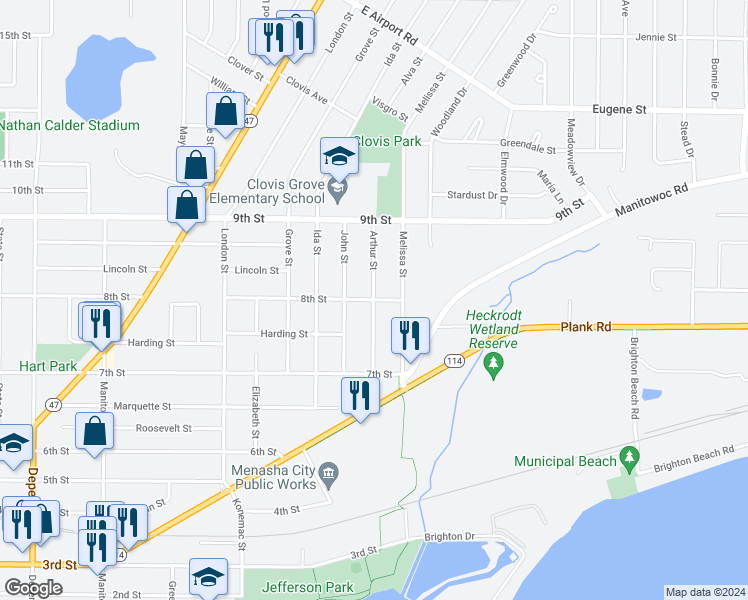 map of restaurants, bars, coffee shops, grocery stores, and more near 799 Arthur Street in Menasha