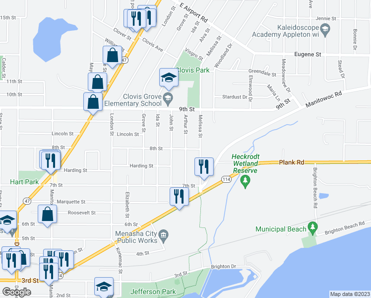 map of restaurants, bars, coffee shops, grocery stores, and more near 980 8th Street in Menasha