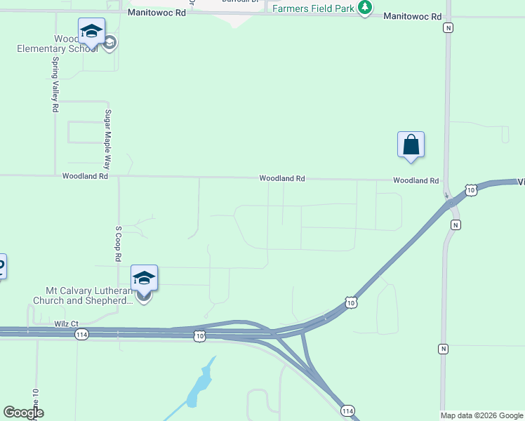 map of restaurants, bars, coffee shops, grocery stores, and more near W5961 Woodland Road in Menasha