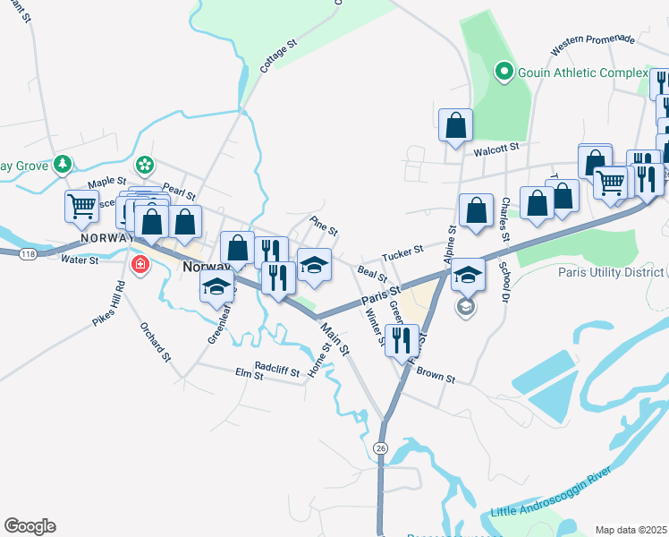 map of restaurants, bars, coffee shops, grocery stores, and more near 219 Main Street in Norway