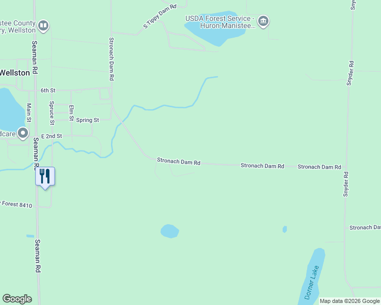 map of restaurants, bars, coffee shops, grocery stores, and more near 17824-18498 Stronach Dam Road in Wellston