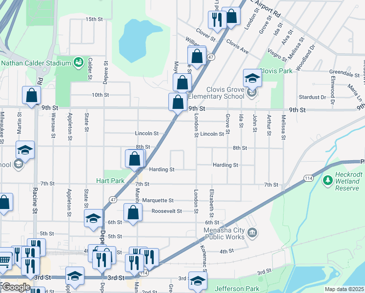 map of restaurants, bars, coffee shops, grocery stores, and more near 778 Pleasant Lane in Menasha