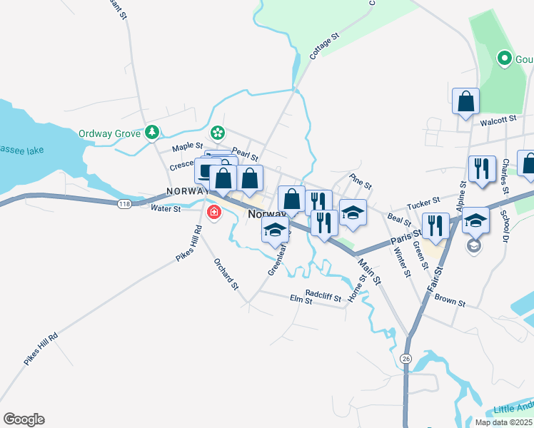 map of restaurants, bars, coffee shops, grocery stores, and more near Main Street & Danforth Street in Norway