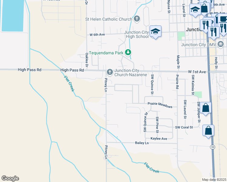 map of restaurants, bars, coffee shops, grocery stores, and more near 93963 Pitney Lane in Junction City