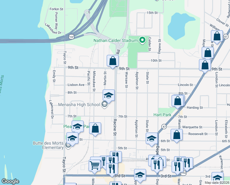 map of restaurants, bars, coffee shops, grocery stores, and more near 745 Racine Street in Menasha