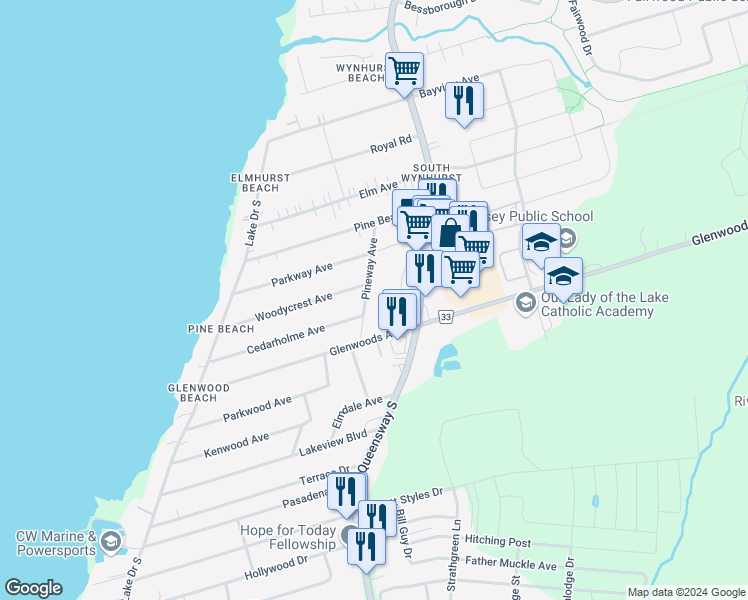 map of restaurants, bars, coffee shops, grocery stores, and more near 21 Pineway Avenue in Georgina