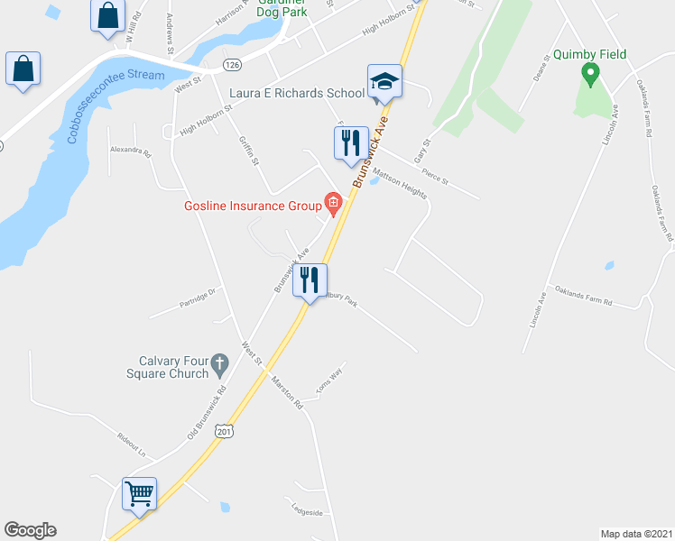 map of restaurants, bars, coffee shops, grocery stores, and more near 368 Brunswick Avenue in Gardiner