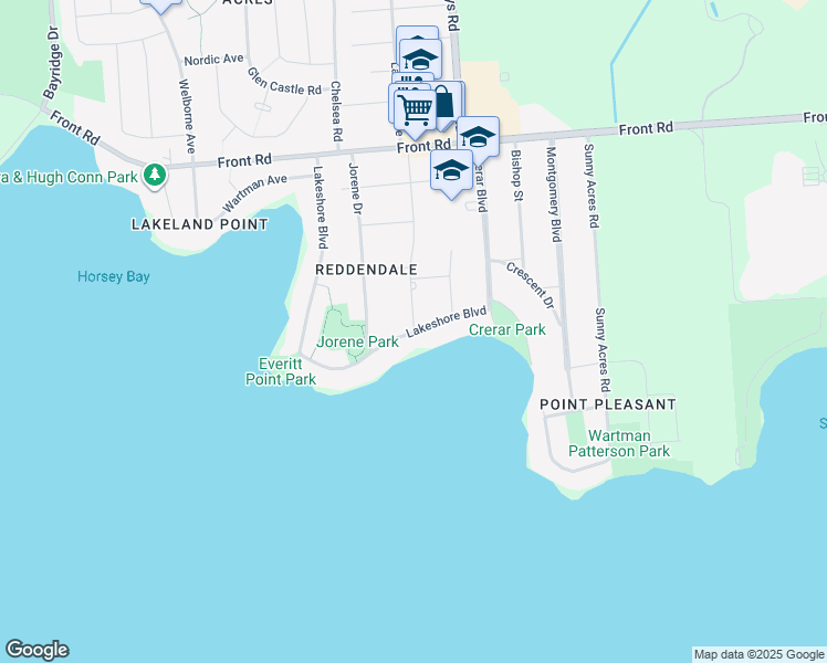 map of restaurants, bars, coffee shops, grocery stores, and more near Lakeshore Boulevard in Kingston